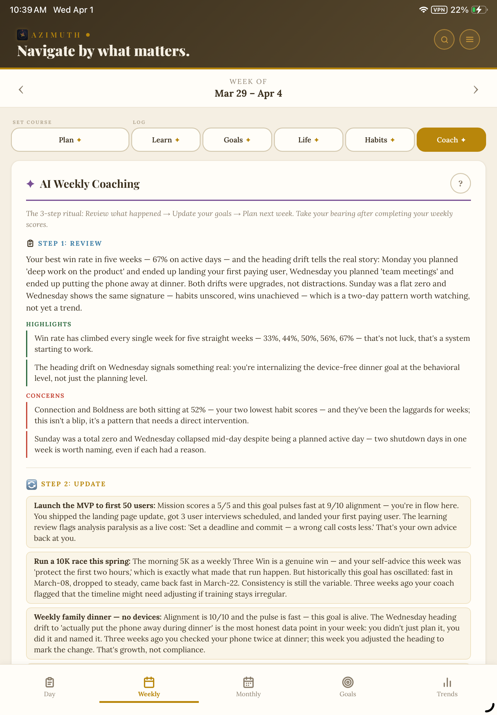 Azimuth AI Weekly Coaching — pattern-aware review on iPad