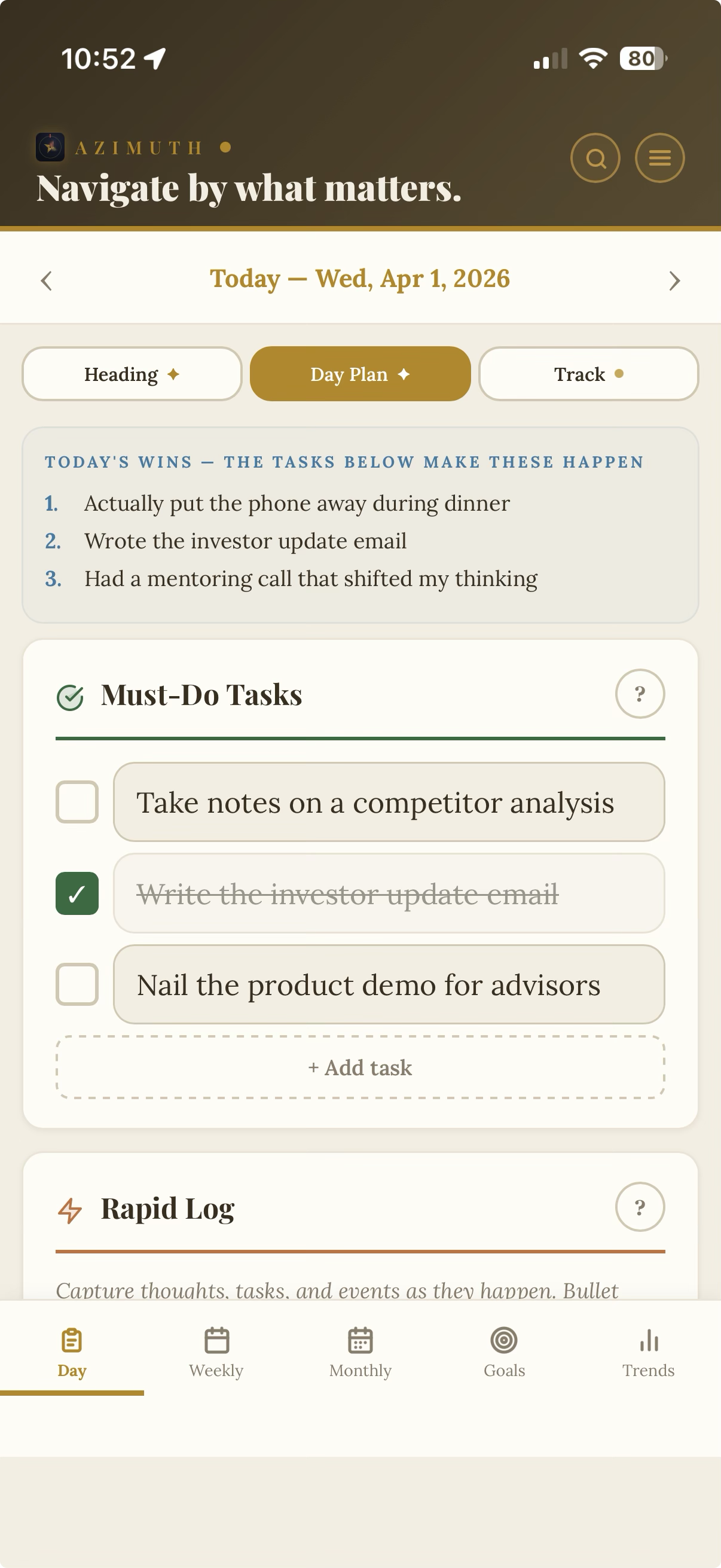 Azimuth Day Plan — Three Wins and Must-Do tasks on iPhone